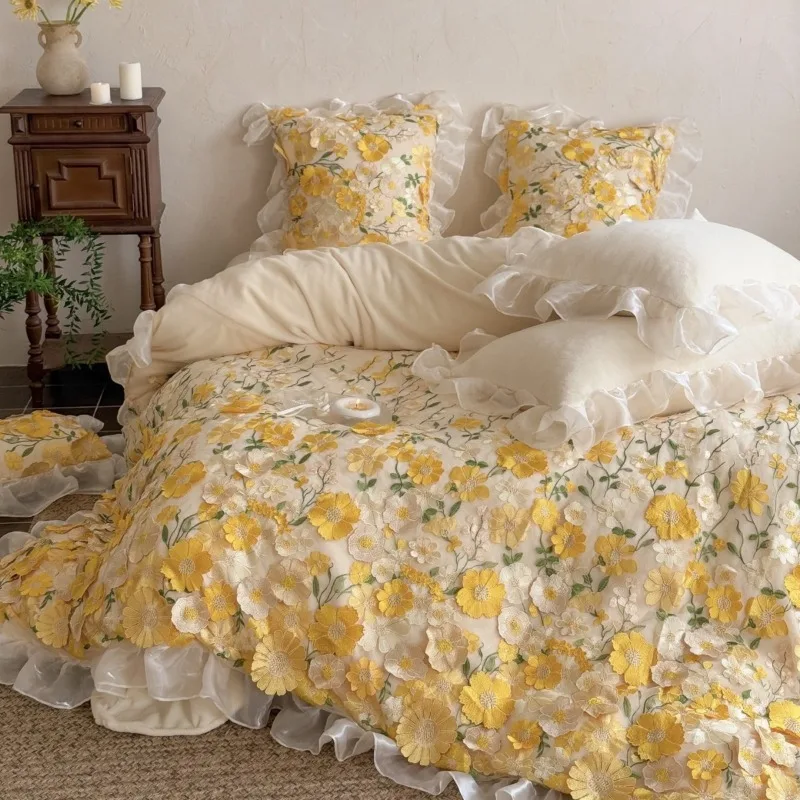Romantic 3D floral winter milk fleece four-piece set, thickened warm bedding girly style kit