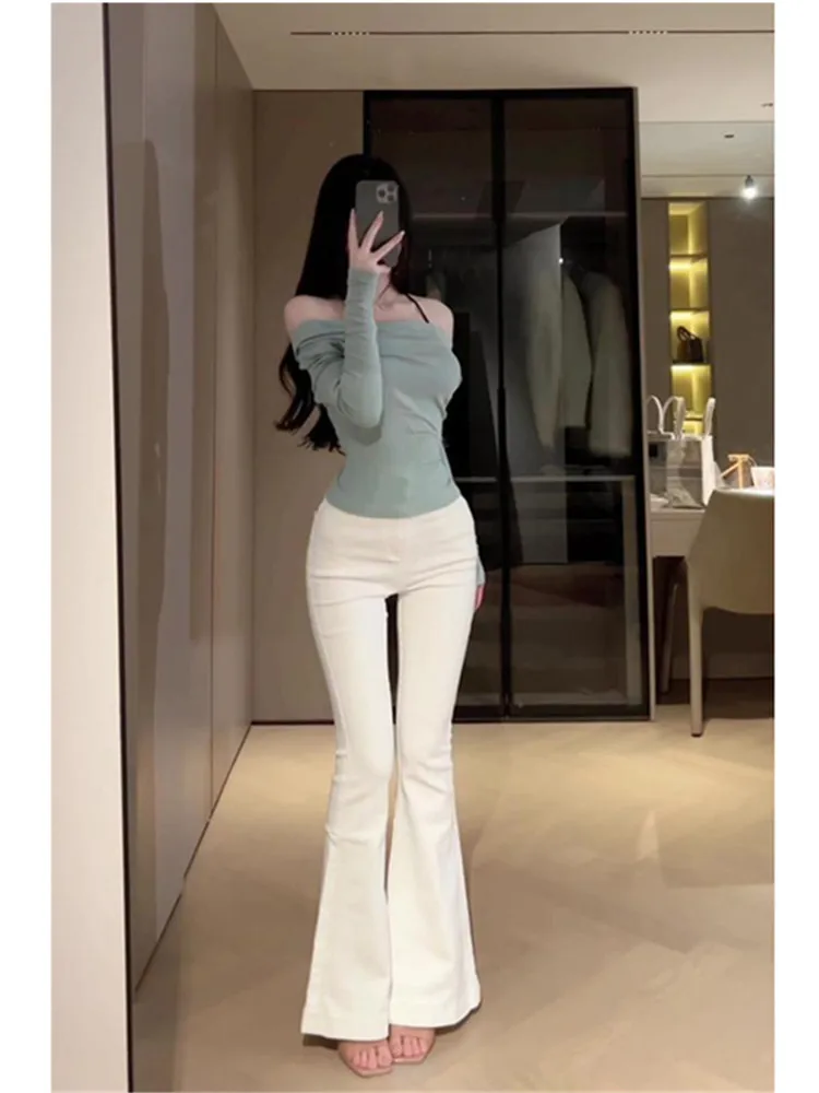 

American High Street White Flared Jeans Women's Slimming Long Floor-Length Pants Spring Autumn Tall Women Extended Length