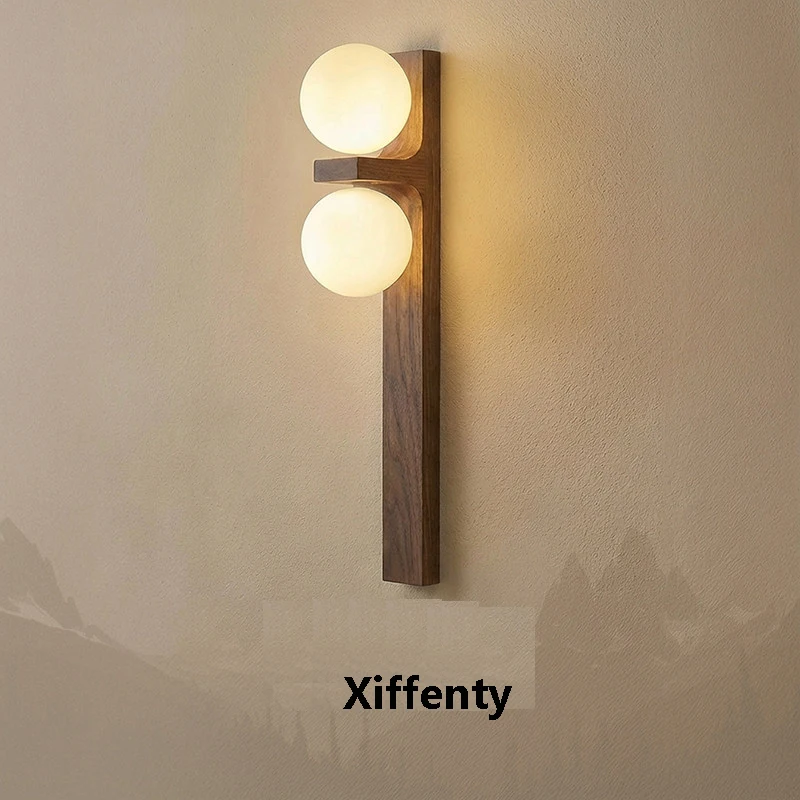 Vintage wooden double glass wall lamp walnut living room double spherical light source decorative lamp