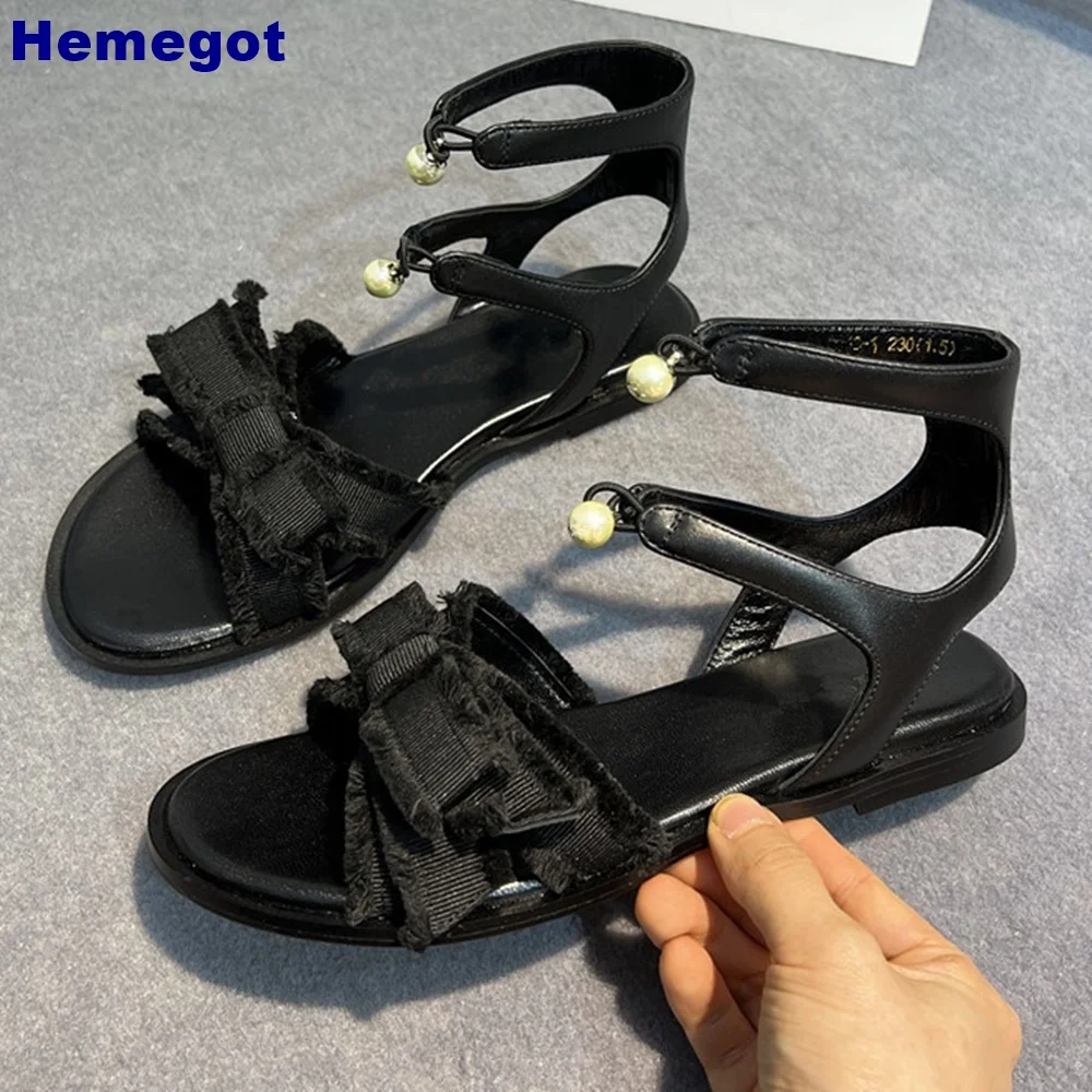 

Pearl Bowknot Open Toe Roman Sandals 2024 Summer New Outdoor Casual Flat Sandal Black Fashion Ladies Sandals