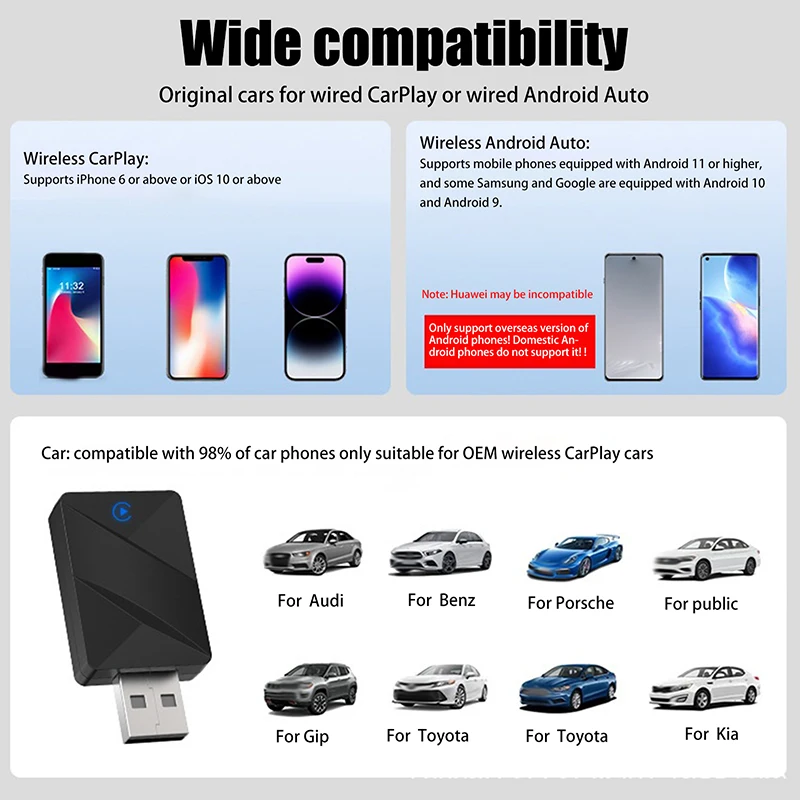 محول صندوق CarPlay AI 2 في 1 للاستخدام السلكي واللاسلكي في 99% من أجهزة الراديو التلقائية OEM.