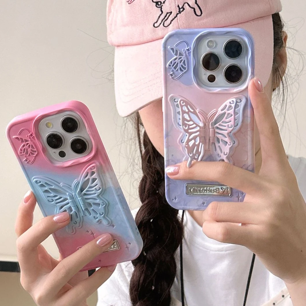 3D borboleta água adesivo, halo dye gradiente telefone caso, à prova de choque capa dura para iphone 15, 14, 13, 12, 11 pro max, mais