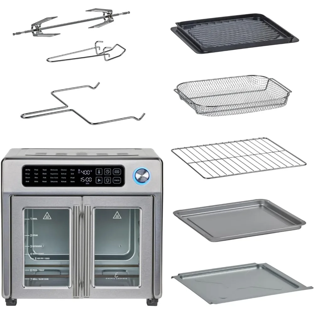 مجموعة فرن محمصة AirFryer ذات باب فرنسي كبير جدًا بسعة 26 كيو تي، و24 وظيفة للطهي والتحكم الرقمي، تتضمن 7 ملحقات