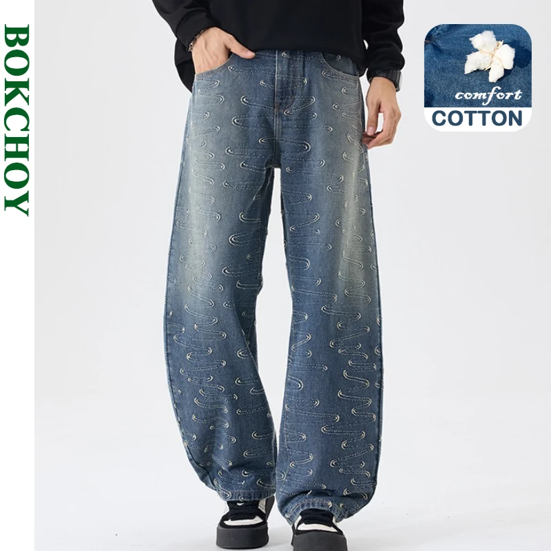 2025 Autumn New Vintage Washed Printed Cotton Wide Leg Jeans for Men Clothing Loose Male Trousers AG7323