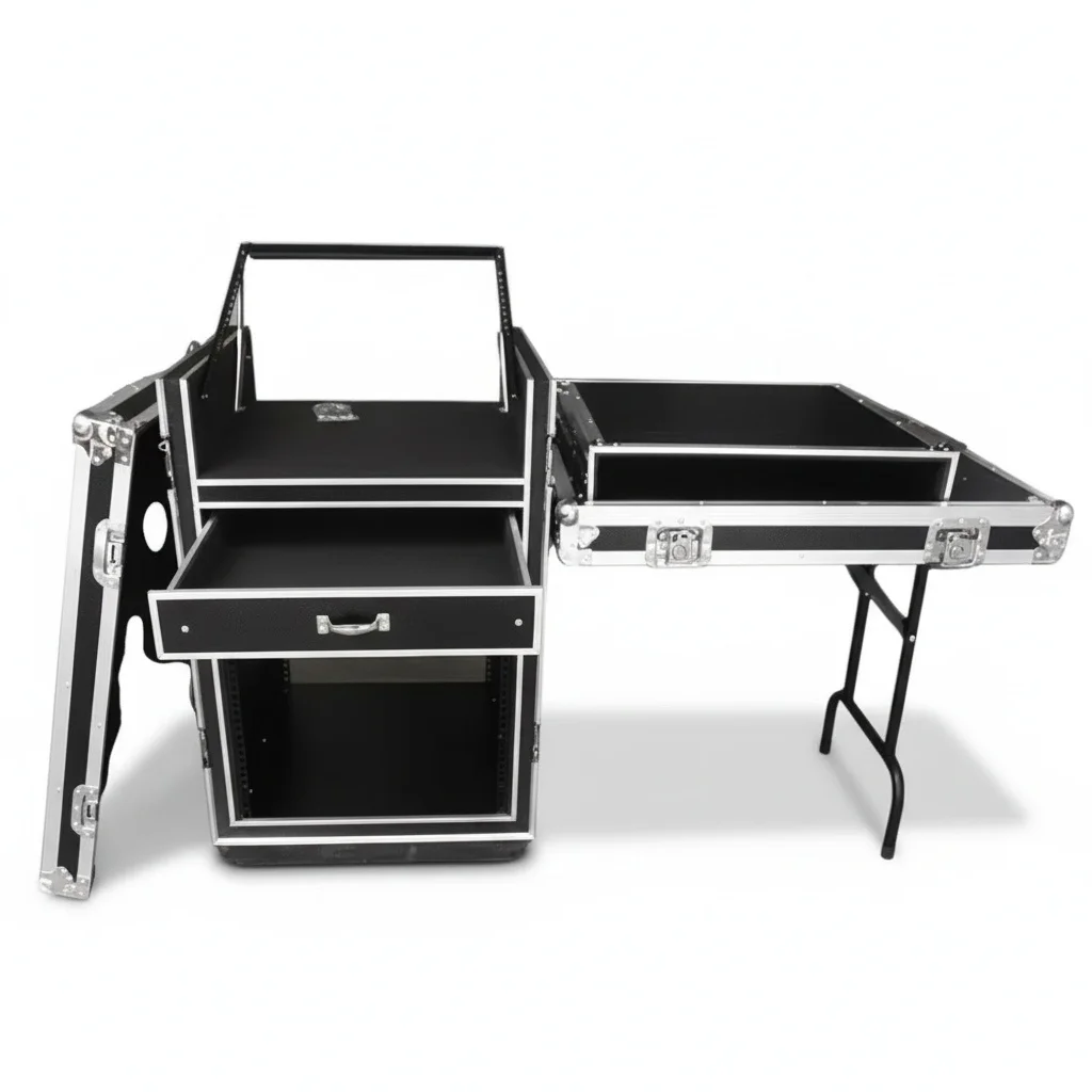 

Mixer Amplifier Flight Case, 12U/16U ATA 300 Rack Case, Heavy Duty Plywood Road Case with DJ Workstation, for 19in Stage Gear