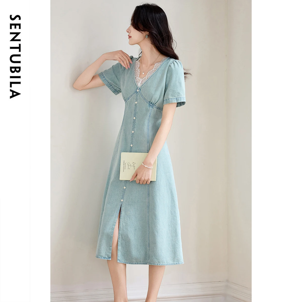SENTUBILA Women's Summer Dresses 2025 Puff Sleeves V Neck Lace Splicing Denim A-Line Long Dress Commute Elegance Style W52LH0107