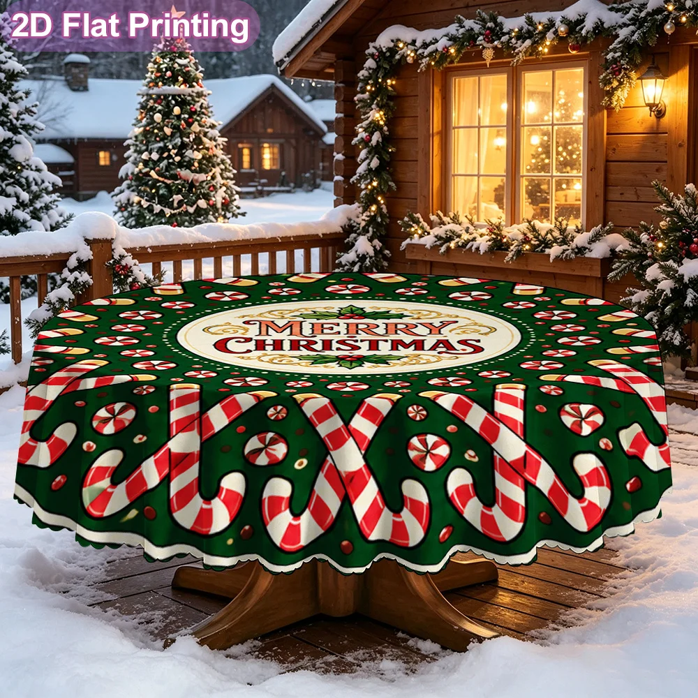 2D flat single-piece tablecloth, Merry Christmas candy bar round pad, seasonal pattern, holiday Halloween Christmas tablecloth