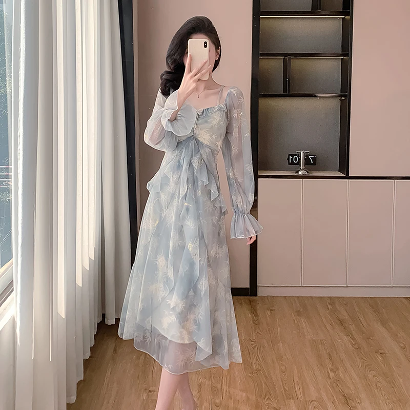 2025 vestido largo informal con volantes y flores moradas para mujer, moda coreana, elegante vestido de vacaciones, vestido de noche elegante de lujo para primavera y otoño