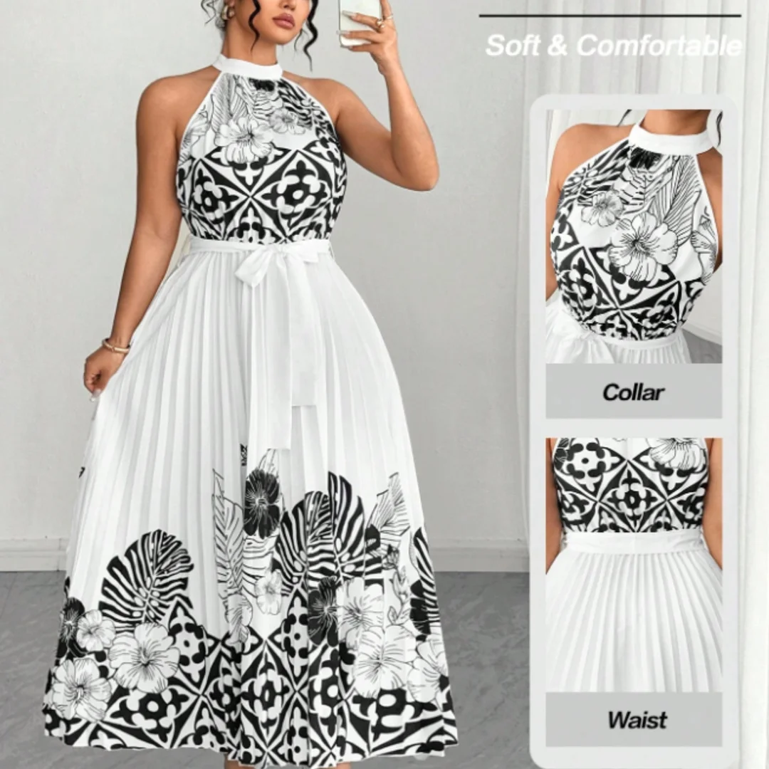 

Plus Size Boho Black White Floral Print Halter Pleated Dress Women Elegant Vacation Party Dress