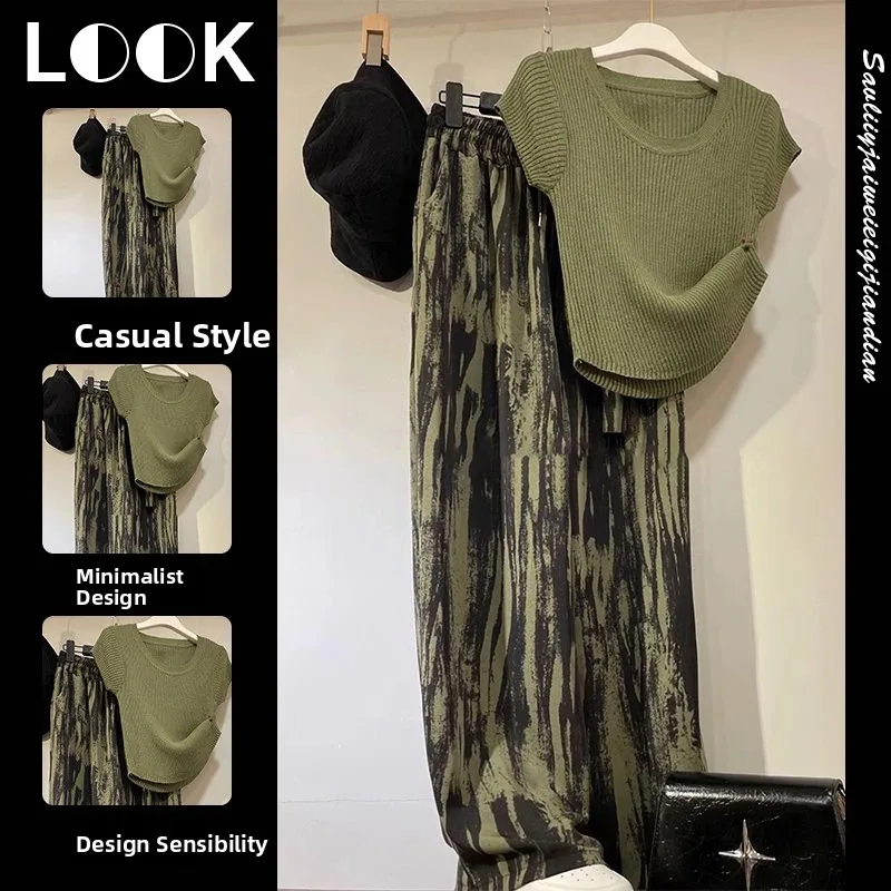 

Retro Casual Summer Outfit High Waist Wide Leg Pants Dyed in Watercolor Loose Fit Top And Bottoms Set Fashionable Ensemble