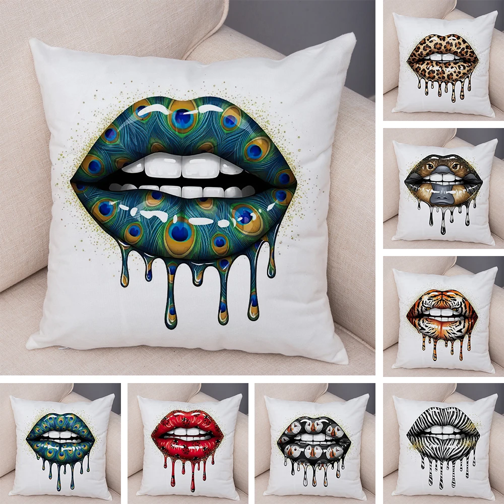 Bold Lip Art Pillowcase Double Print Leopard Pattern Cushion Cover Soft Plush Vibrant Design Pillow Case for Sofa Home Car