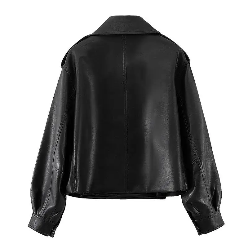 PU Falso couro feminino Turn Down Collar Jaquetas, Manga Comprida, Camurça Epaulet, bolsos Sólidos Cardigan, Casacos, Solto Moto Jaquetas de motociclista