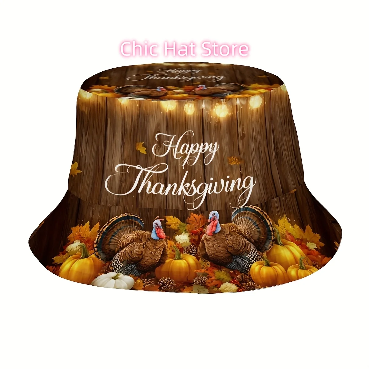 1pc Thanksgiving Hat - Happy Thanksgiving Turkey Pumpkin Maple Leaves Print Bucket Cap with Autumn Farmhouse Decorations - Unise