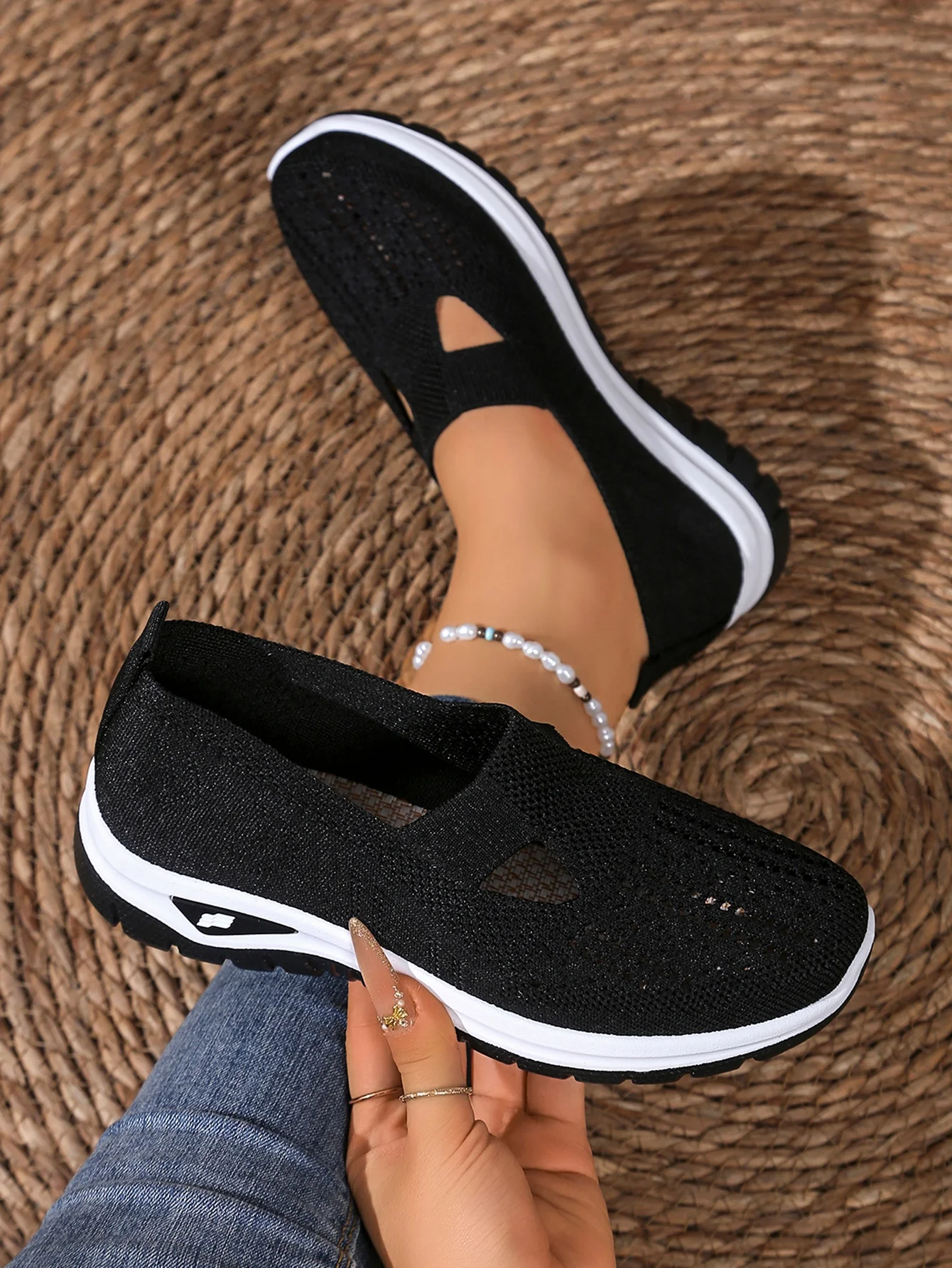 Sommerliche, atmungsaktive, hohlgestrickte Damen-Slip-On-Schuhe, rutschfeste, leichte Wandersneaker, lässige Mesh-Loafer für den Außenbereich – Detail 4