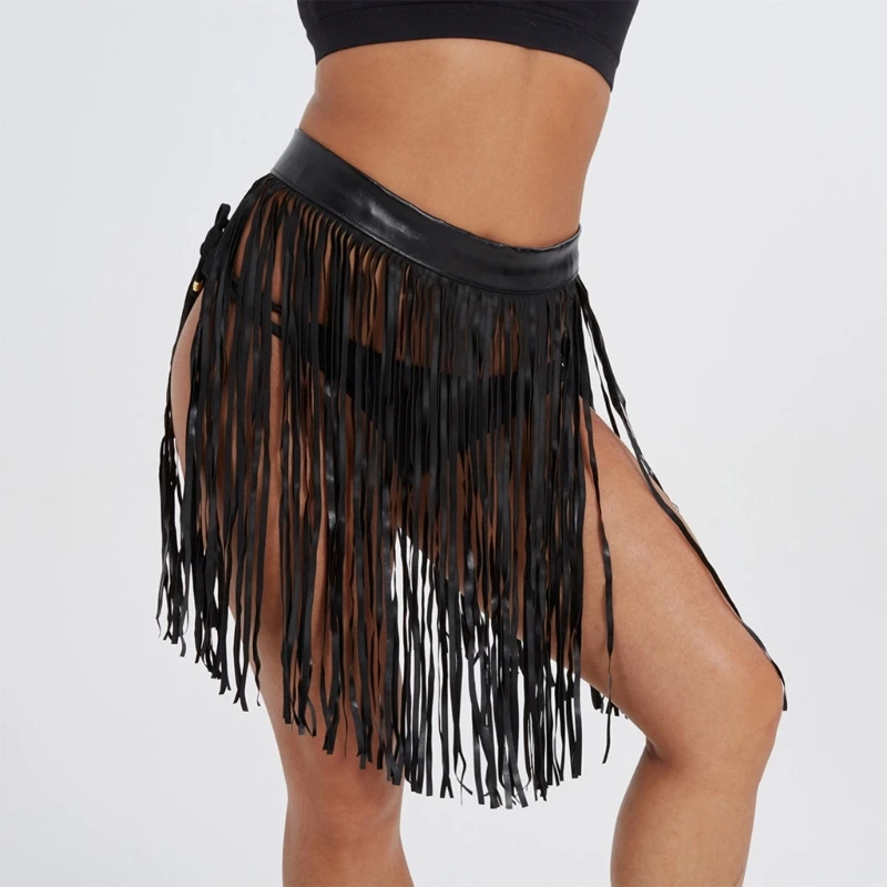 

Womens Adjustable Buttons Fringed Skirt High Waist Punk Rock PU Faux Leather Tassels Mini Skirts Hip Scarf Clubwear