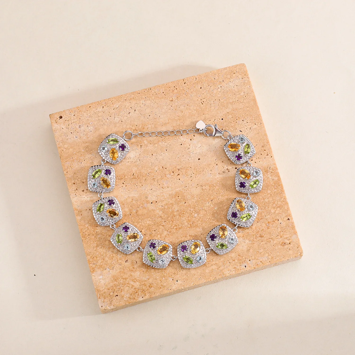GEM'S BALLET Unique Handcrafted Multi-Gemstone Citrine Peridot Bracelet in 925 Sterling Silver with Lobster Clasp