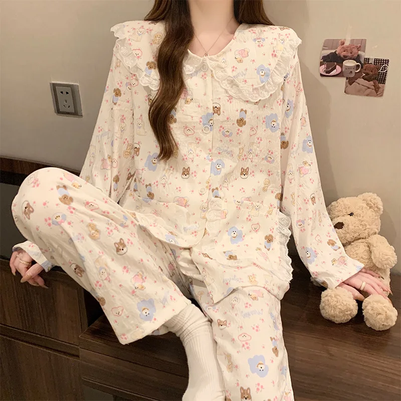 

Cute Pajamas Cartoon Lace Doll Collar Long Sleeve Sleepwear Women Sweet Style Mama and Young Woman Homewear Samll Dog Print