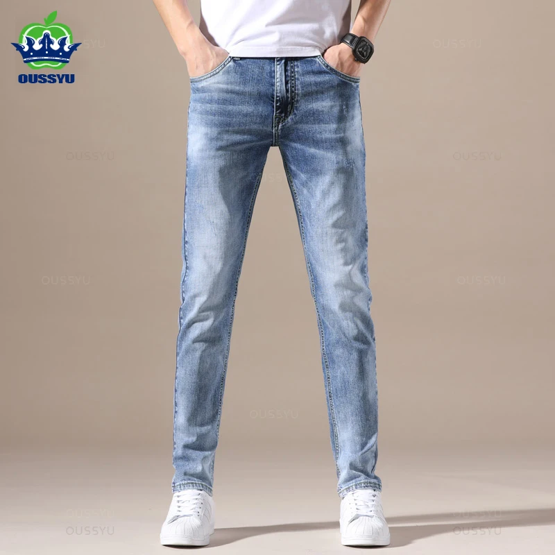 Oussyu-Calças jeans azul claro estrias masculinas, calças plissadas, bolso retrô, calças magras, roupas de marca de alta qualidade, moda, 28-40