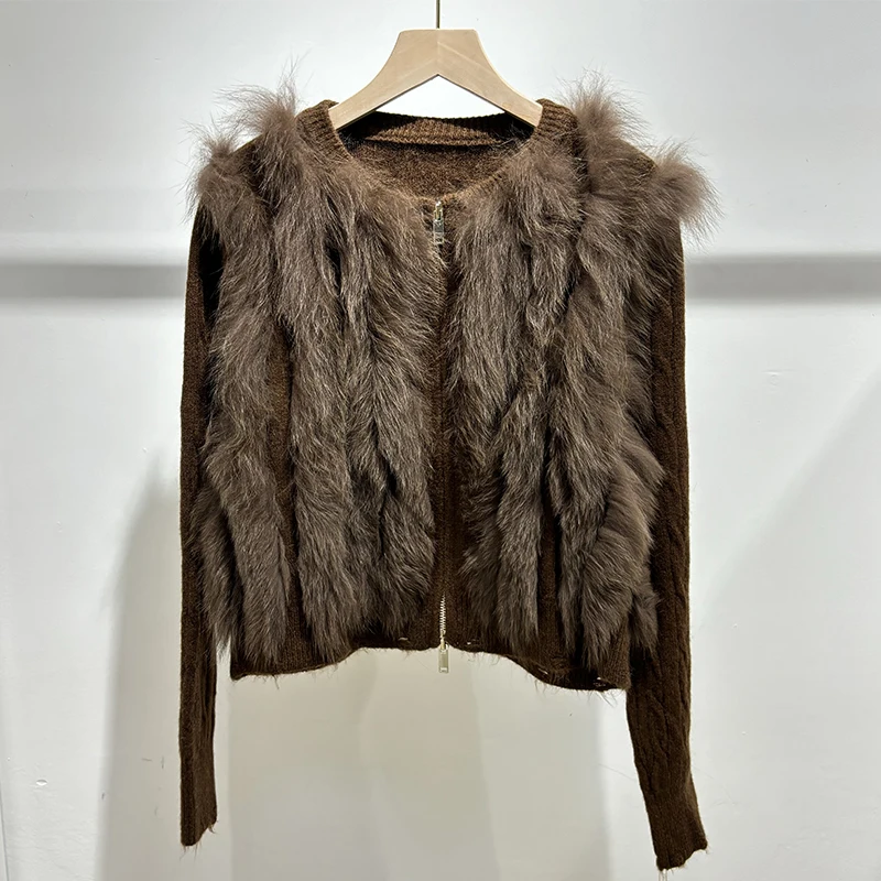Women Autumn Fluffy Real Fox Fur Hole Accent‌ Sweater Chocolate Lady's Knitted Thick Short Sweater Coat