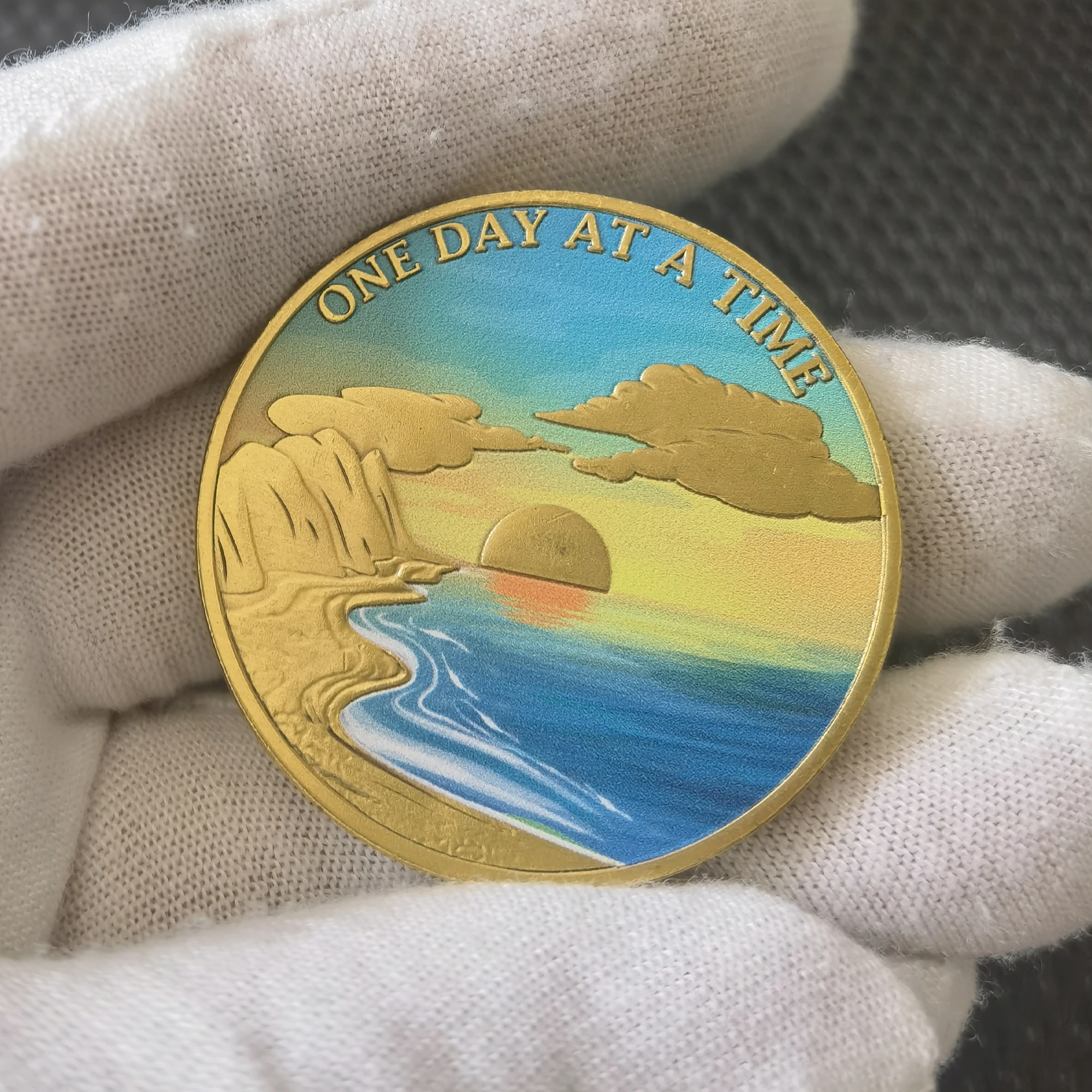 Serene Beach Sunrise Sobriety Chip ONE Day at A TIME AA Medallion Serenity Prayer Coin Recovery Gift