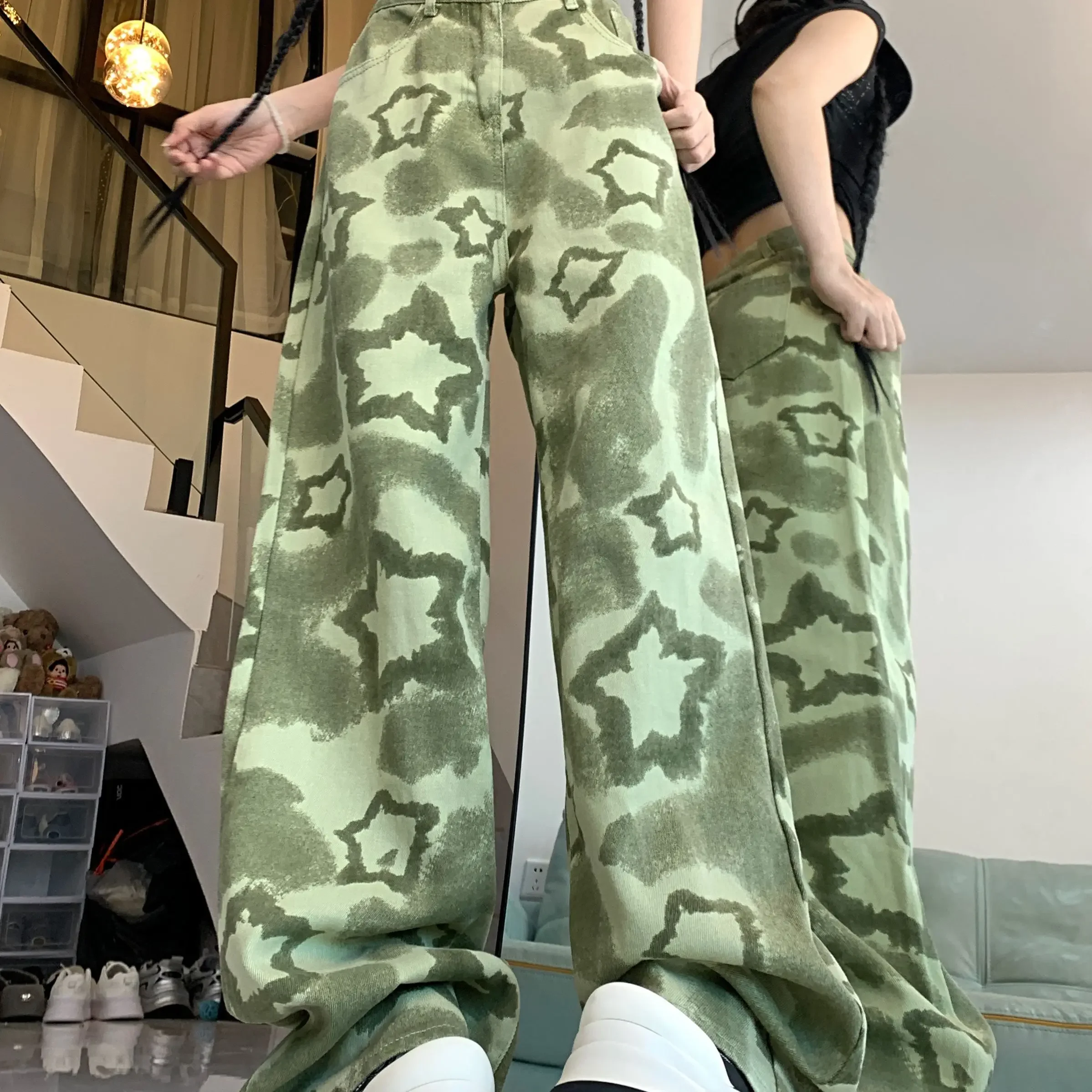 Green camouflage work pants for women in spring, summer, autumn, new trendy brands, niche loose wide leg pants