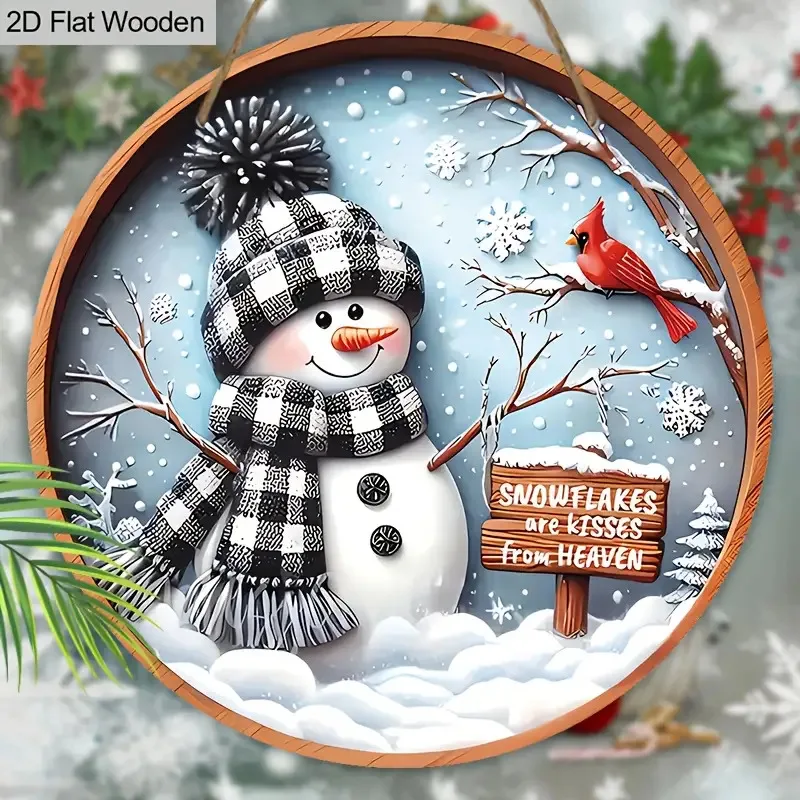 2D Flat, 1pc Rustic Wooden Christmas Wall Decor with Buffalo Check Snowman & Cardinals - Round Circular Hanging Sign Suitable fo