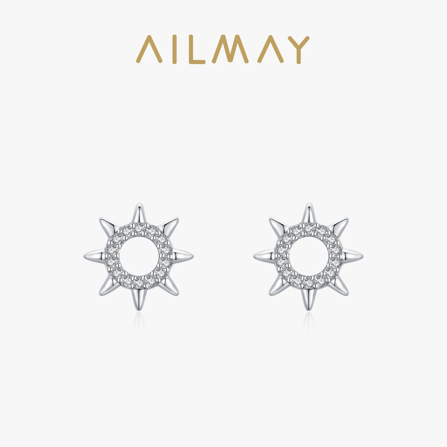 Ailmay Genuine 925 Sterling Silver Fashion Sun Flower Fine Stud Earrings For Women Shining CZ Romantic Wedding Jewelry Gift