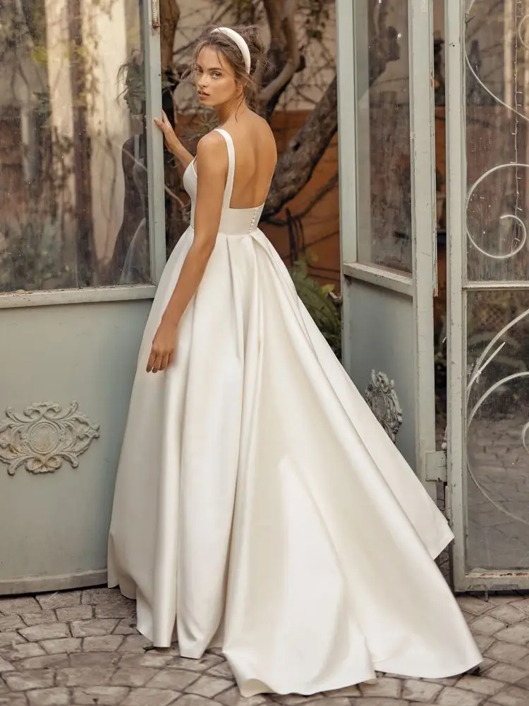 Vestidos De novia largos De satén con Espalda descubierta, vestido De novia Formal Vintage Simple con tirantes, 2023