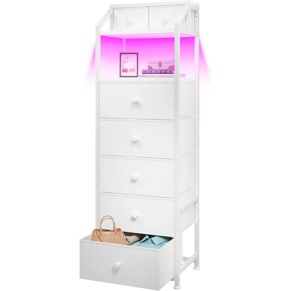 

H Veal Drer with LED Lights, 7 abric Ders Drer or Bedroom, Sturdy Nightstands with Open Wood Shel, Metal e, Bede Table or Dorm,
