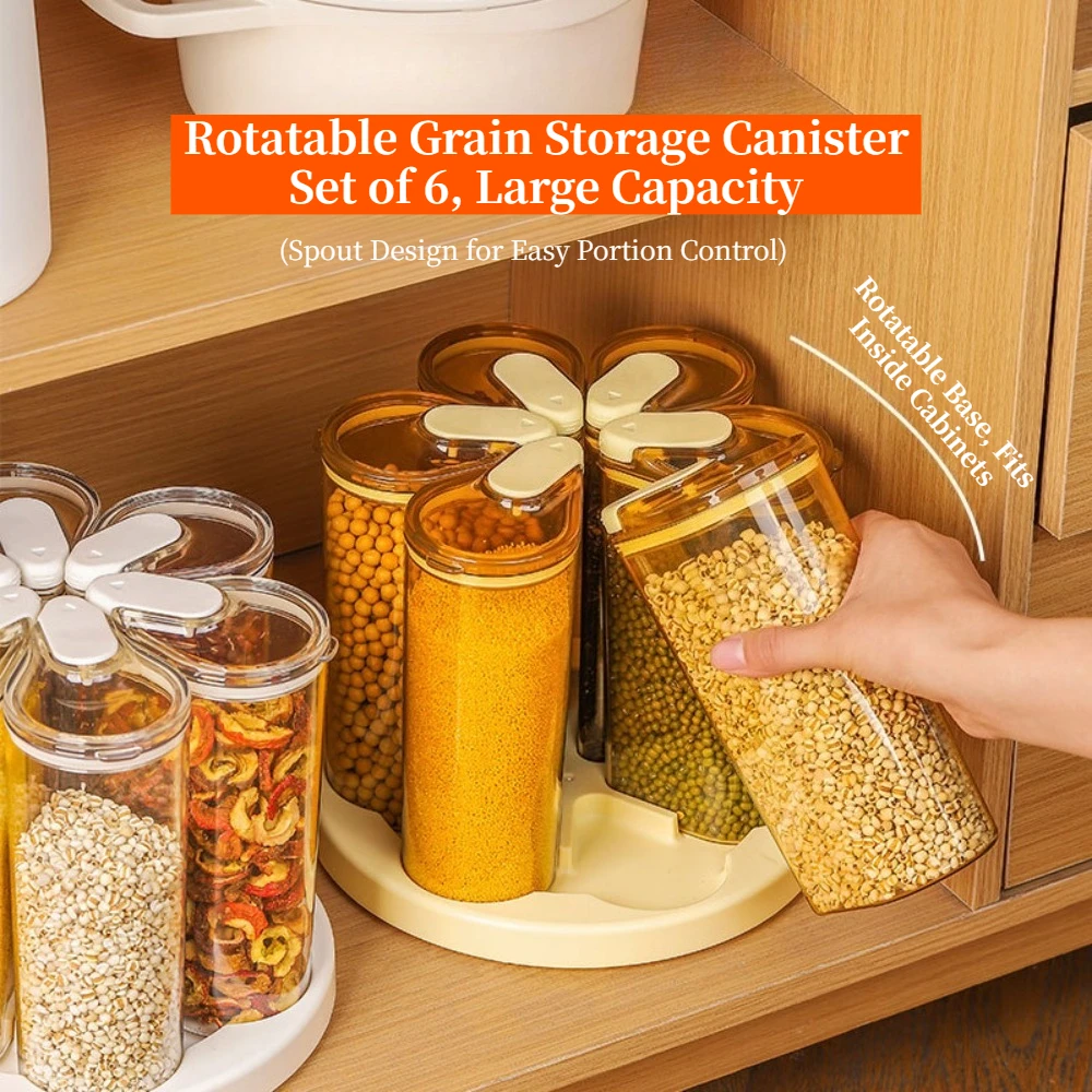 Rotatable Grain Storage Container Set with Spout, 6 Pcs Airtight Cereal Canister Kitchen Dry Food Storage Jars Organizer