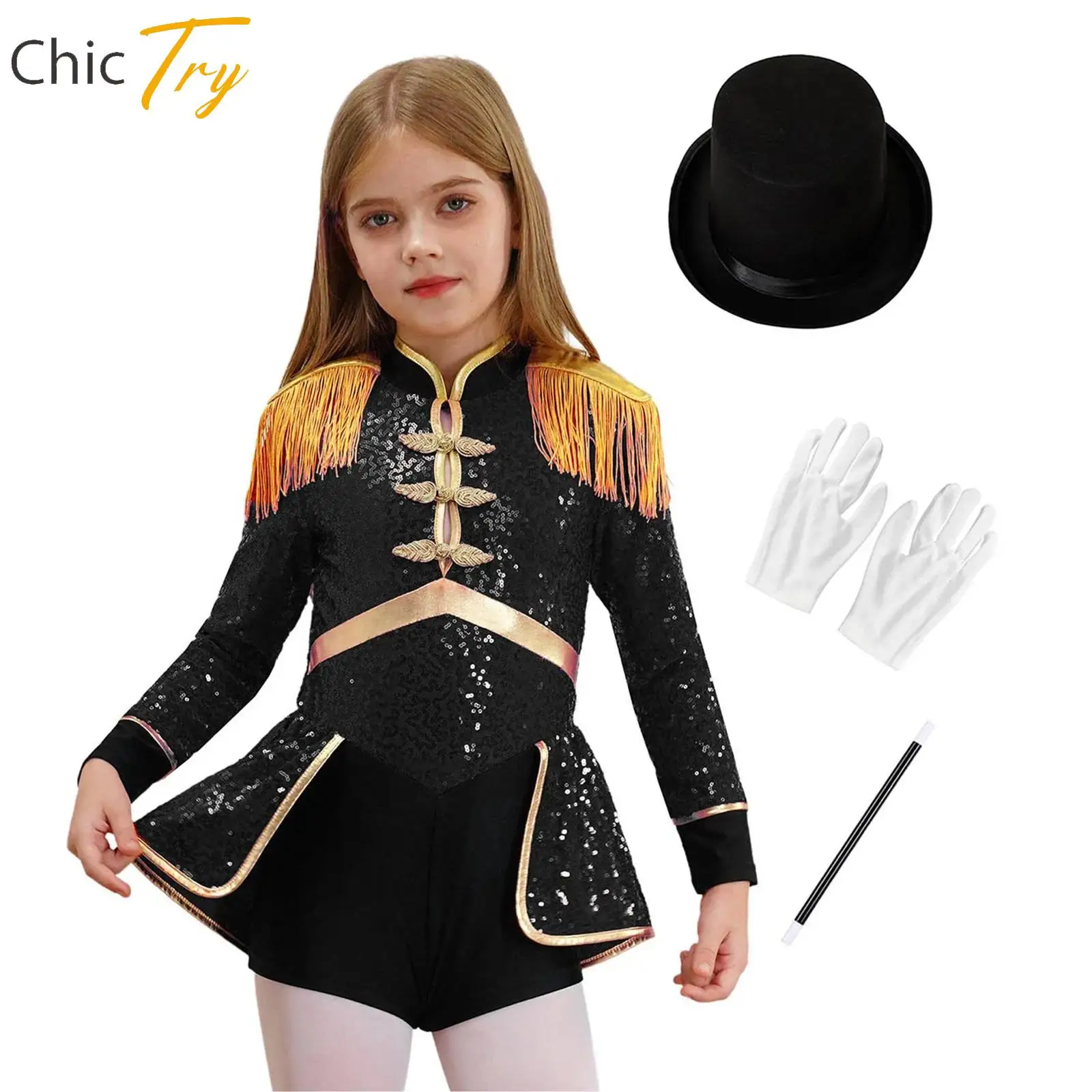 4Pcs Kids Girls Ringmaster Circus Magician Drummer Cosplay Costume Sequins Bodysuit+Hat Gloves Wand Set Halloween Circus Costume