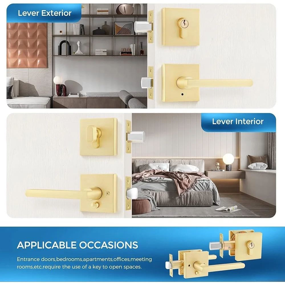 2 Pack Door Handleset with Single Cylinder Deadbolt Heavy Duty Square Locking Lever Set Residential Entry Security