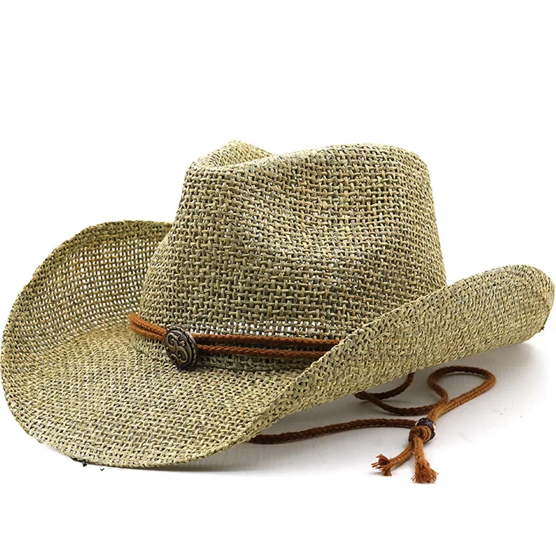

Simple handmade Western cowboy straw hat, top hat, outdoor sunshade beach hat, sun protection sun hat