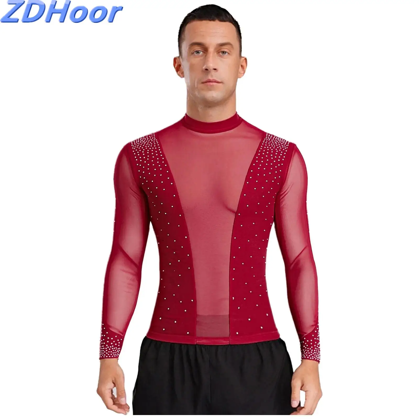 

Men Latin Dance Top Sheer Mesh Patchwork Shiny Rhinestone Mock Neck Long Sleeve T-shirt Blouse for Ballet Chacha Tango Stage