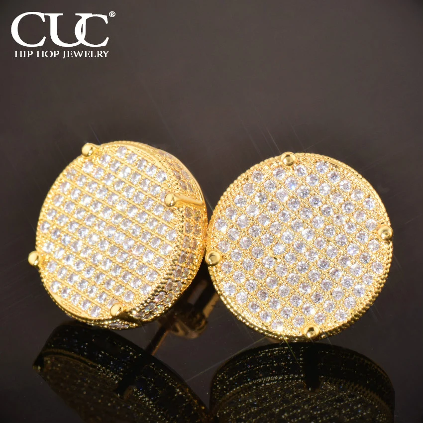 CUC 14MM Big Round Stud Earring Screw Back Iced Out Cubic Zirconia Men Women Earrings Gold Color Hip Hop Jewelry Fashion Gift