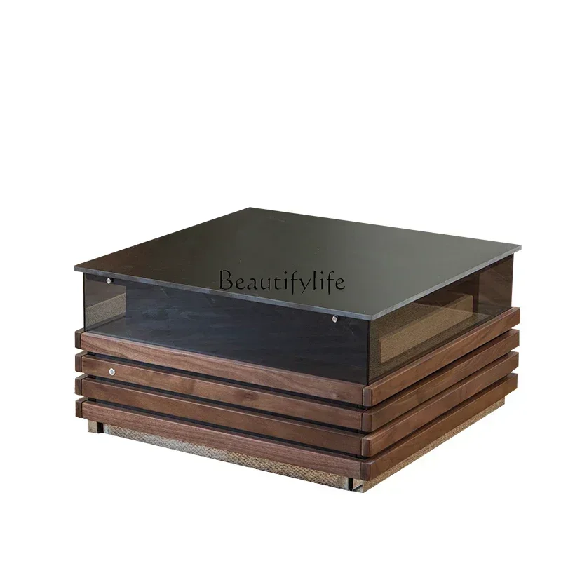 

Nordic Stone Plate Coffee Table Solid Wood Luminous Atmosphere Black Walnut Modern Square Minimalist Tea Tablelx