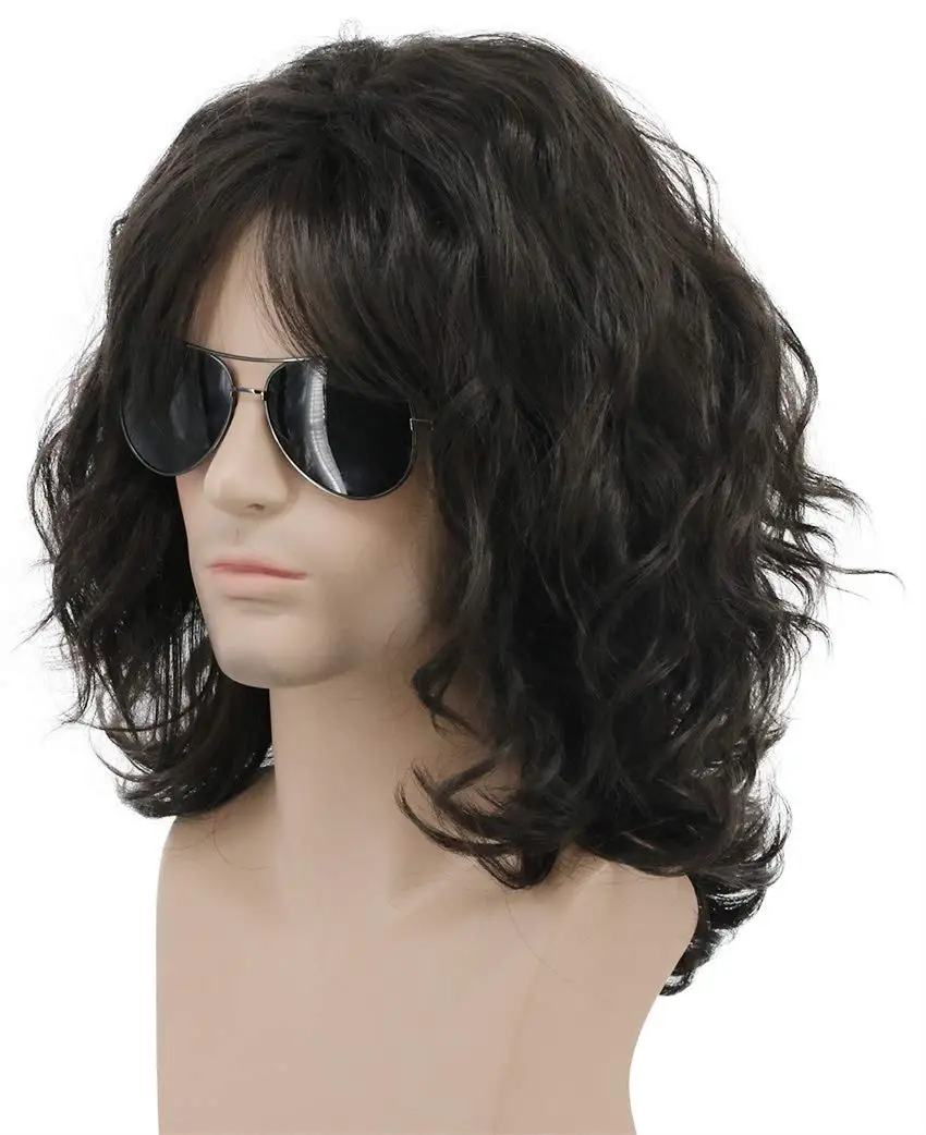 Peluca de rockero de los años 70 y 80 de California, peluca larga y rizada de color marrón oscuro para hombres y mujeres, pelucas de anime para disfraz de Halloween, accesorio para el cabello de Halloween