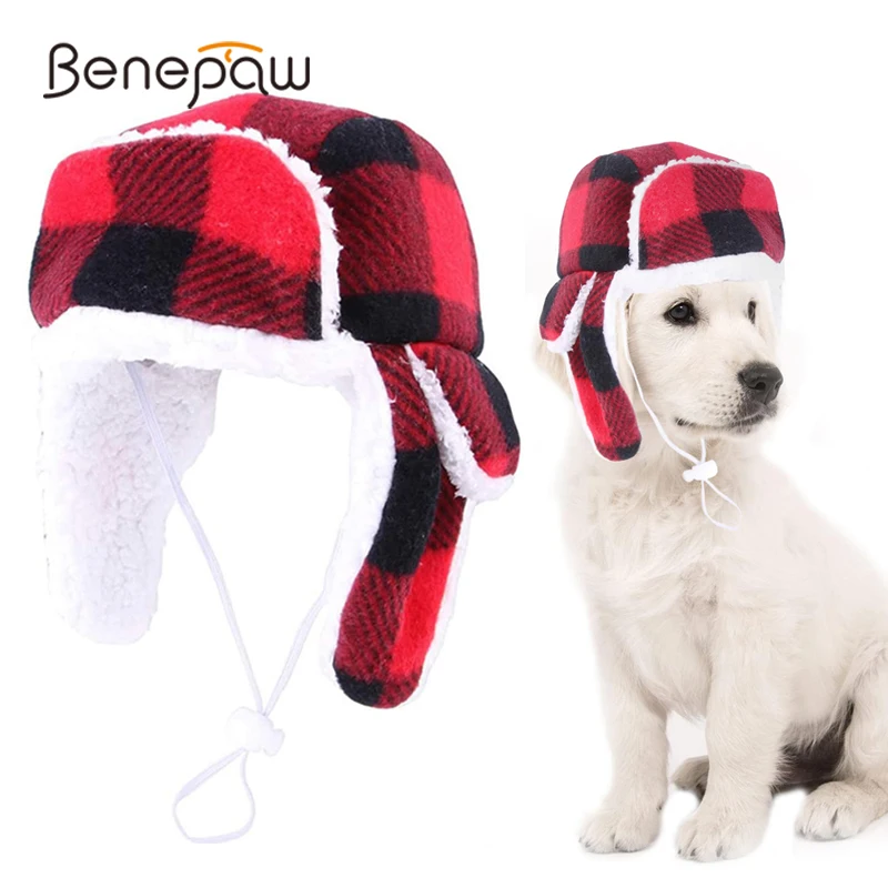 Benepaw Durable Warm Dog Hats With Earmuffs Winter Cozy Adjustable Strap Pet Trapper Hat For Small Medium Dogs Walking Traveling