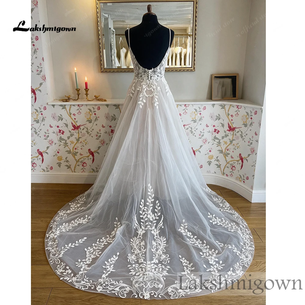 Lakshmigown Boho-Hochzeitskleid mit Spaghettiträgern, tiefem V-Ausschnitt, Illusionsmieder, A-Linie, Glitzer-Tüll-Brautkleid, maßgeschneidert – Detail 6