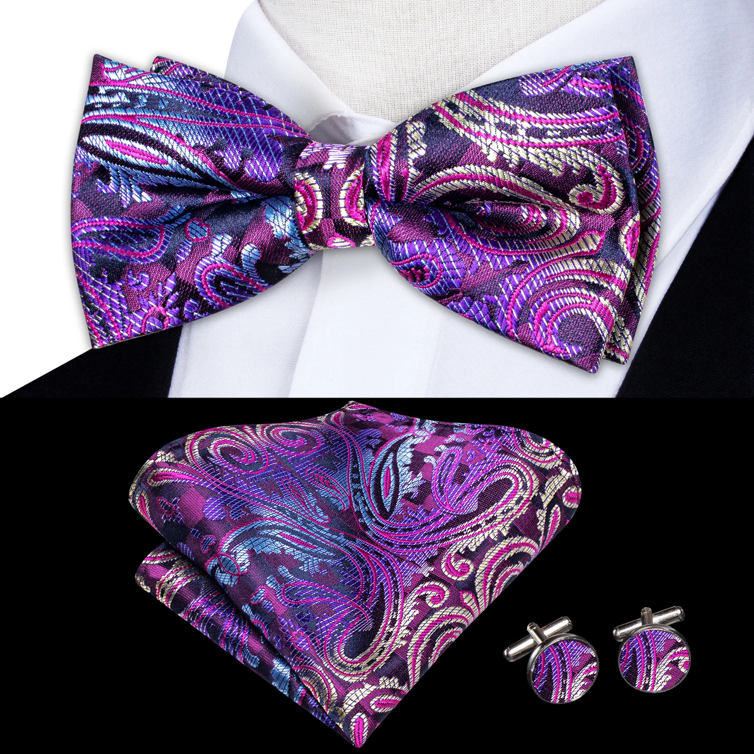 Hi-Tie 50 Colors Jacquard Silk Mens Bow Tie Hanky Cufflinks Set Pre-tied Butterfly Knot Bowtie for Male Wedding Business Gift