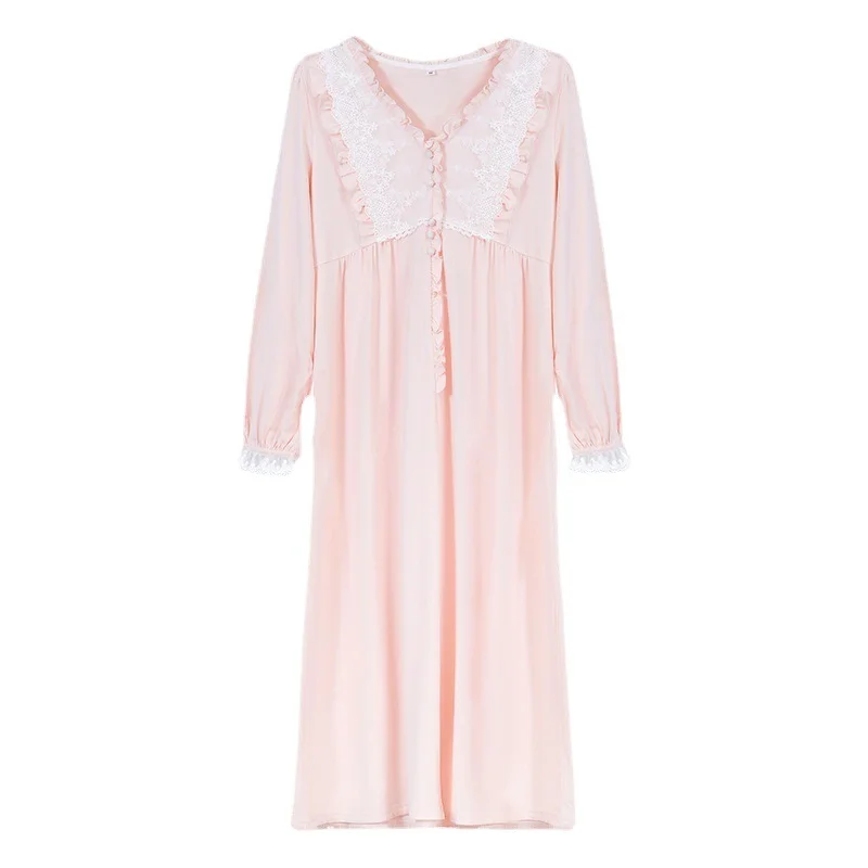 Sweet Embroidery Night Dress Women Cotton Sleepwear Princess Nightwear Spring Autumn Long Sleeve Robe Peignoir Vintage Nightgown