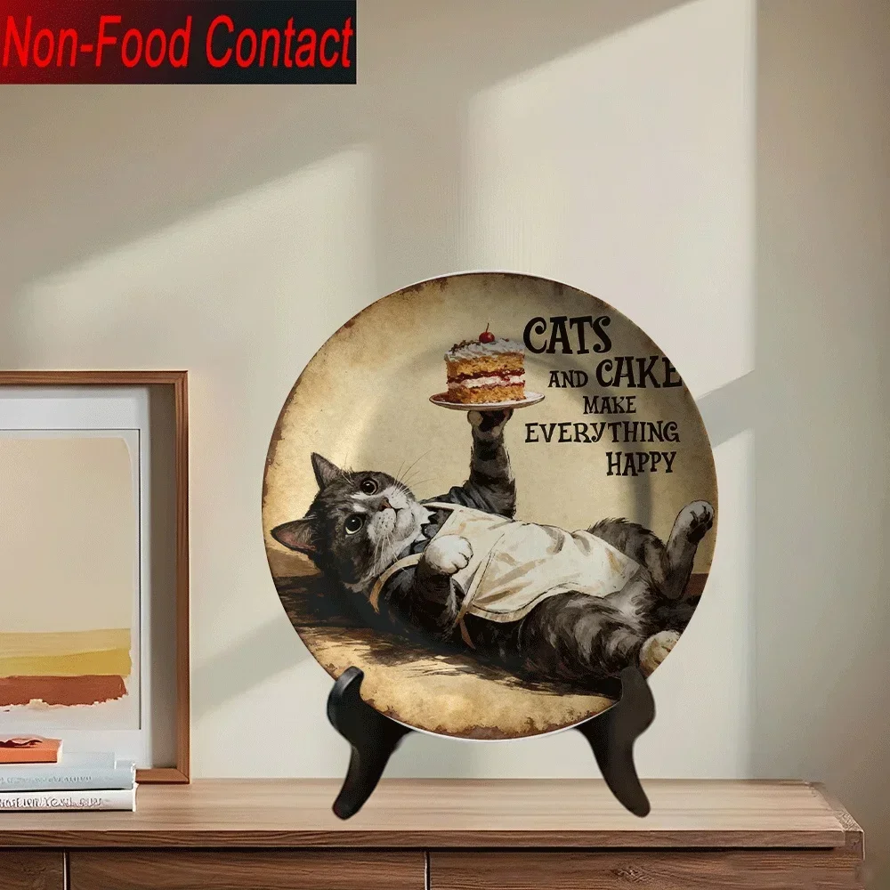 1pc Ornate Ceramic Cake Plate with Cute Kitten & Cake - Round Non-Food Contact Decorative Plate Suitable for Home, Christmas,