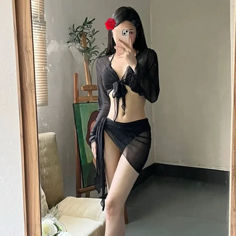 Conjunto de Bikini rojo Bali de cuatro piezas para mujer, traje de baño tipo pareo adelgazante, traje de baño liso favorecedor de dos piezas para vacaciones y playa