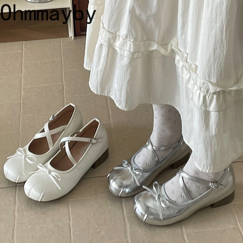

2026 Spring Women Cross Strap Mary Jane Shoes Butterfly-knot Low Heel Ballet Shoes Round Toe Casual Silver Dress Shoes
