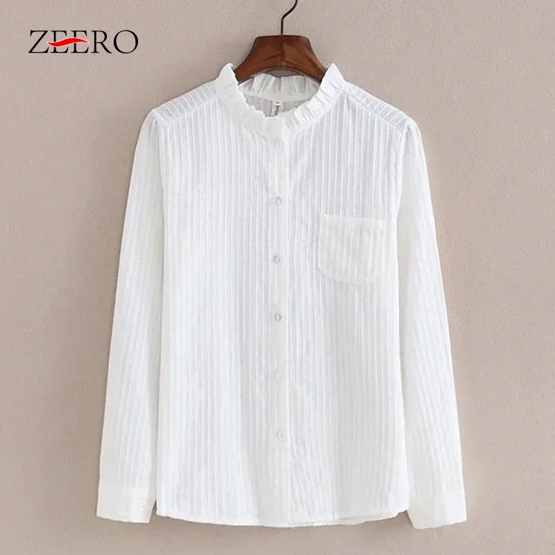 Korean Women Half Sleeve V-neck Casual Tops Stripe Buttons Stand-up Collar Pointed Collar Frilled Collar Long Sleeve White Shirt