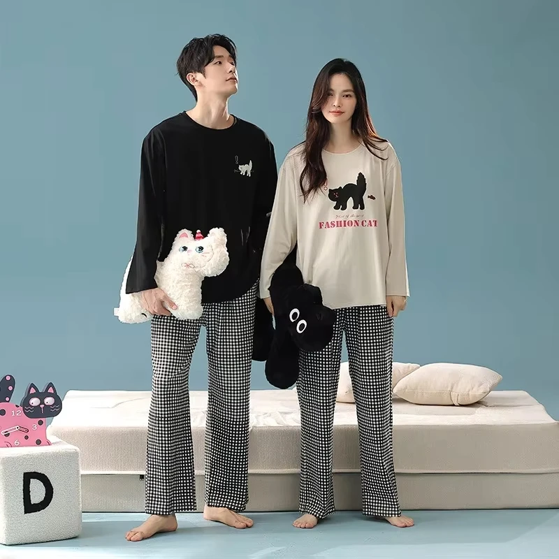 Autumn Couple Cartoon Printed Long Sleeved Pajamas Set Women's Black and White Checkered Pants Class-A Pure Cotton Home Suit