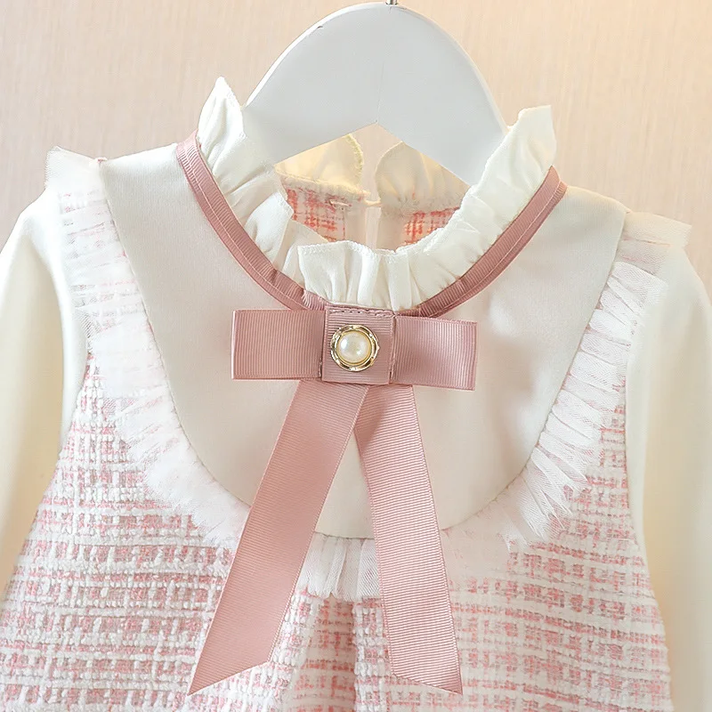 Girls Long Sleeve Dress Cute A-Line Dress Outerwear Spring Autumn Korean Style Clothing Kids Casual Fashion Round Neck Bow Skirt