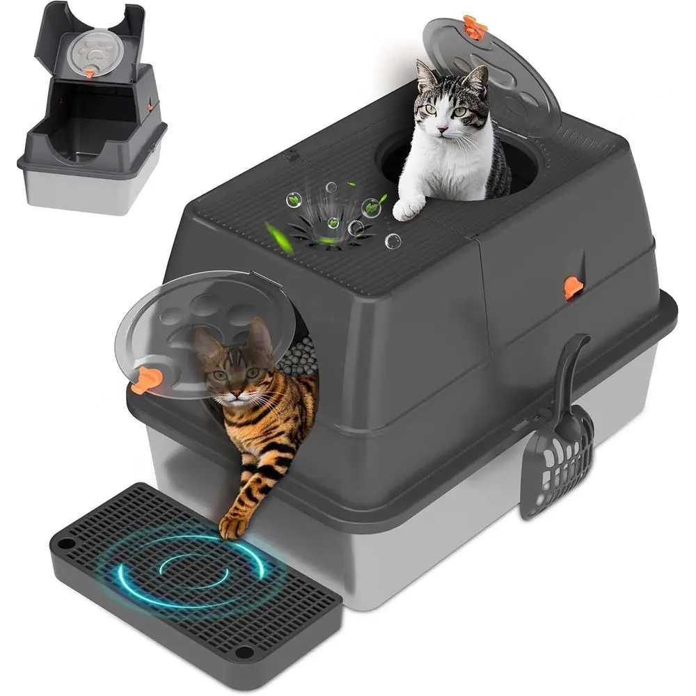 

Очень большой металлический лоток для кошек с крышкой, входом спереди и сверху, лестницей для доступа и совком для легкой уборки