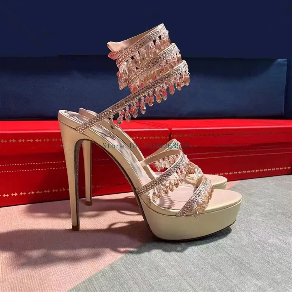 Platform Crystal Snake Twine Runway Shoes Sexy Pointed Toe Thin Heel New Arrivals Fashion Women Runway Shoes