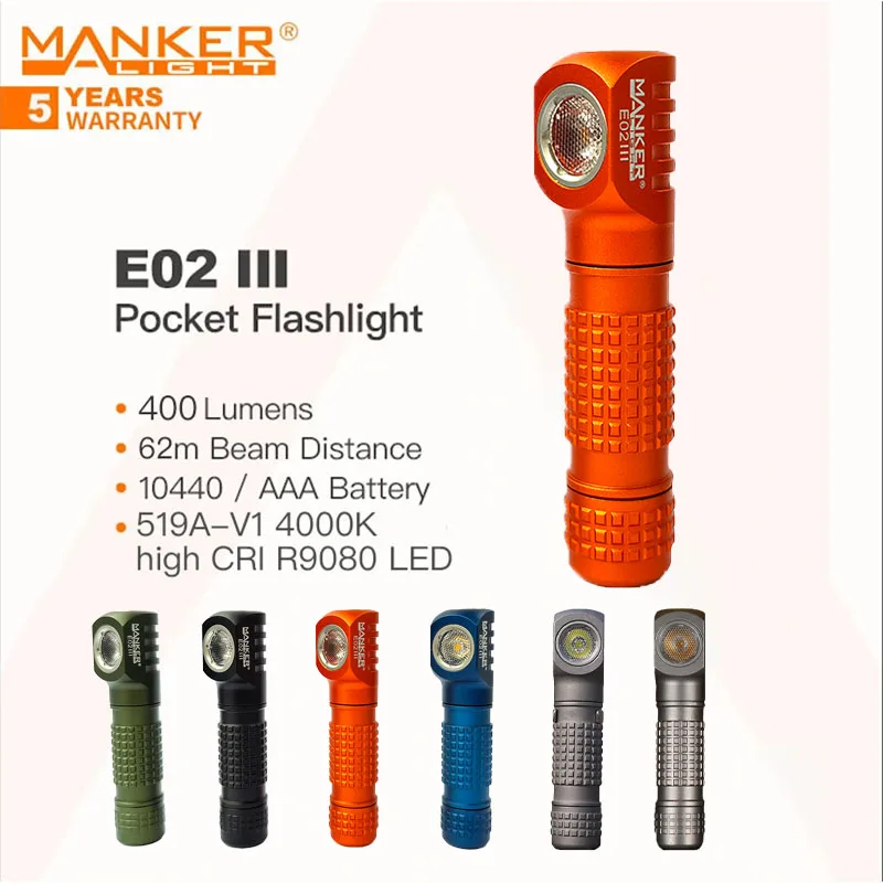 MANKER E02 III EDC Pocket Flashlight,400 Lumen,Powered 10440/AAA Battery,Magnetic Tail,10 Lighting Modes(Orange,4000K High CRI)